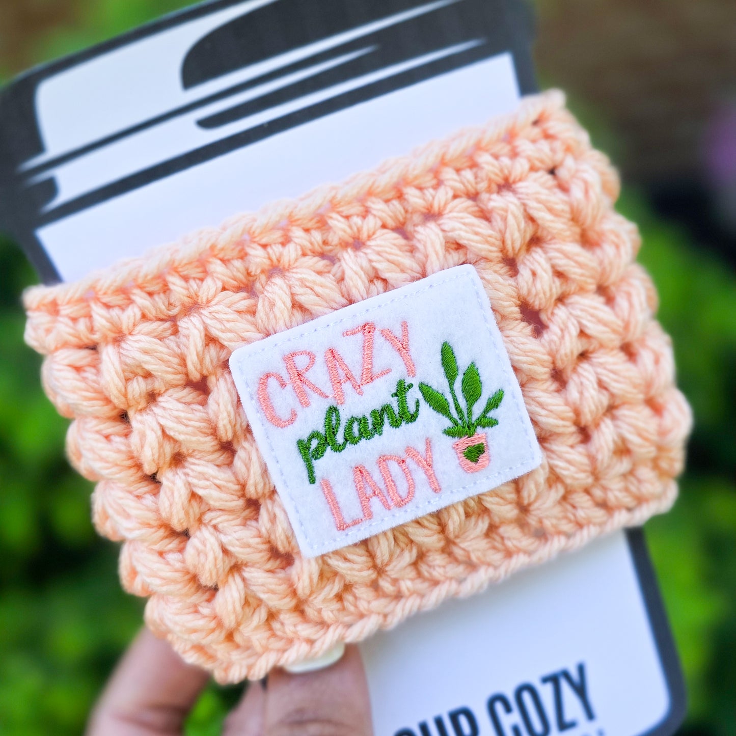 Crochet Coffee Cozy - Peach Crazy Plant Lady